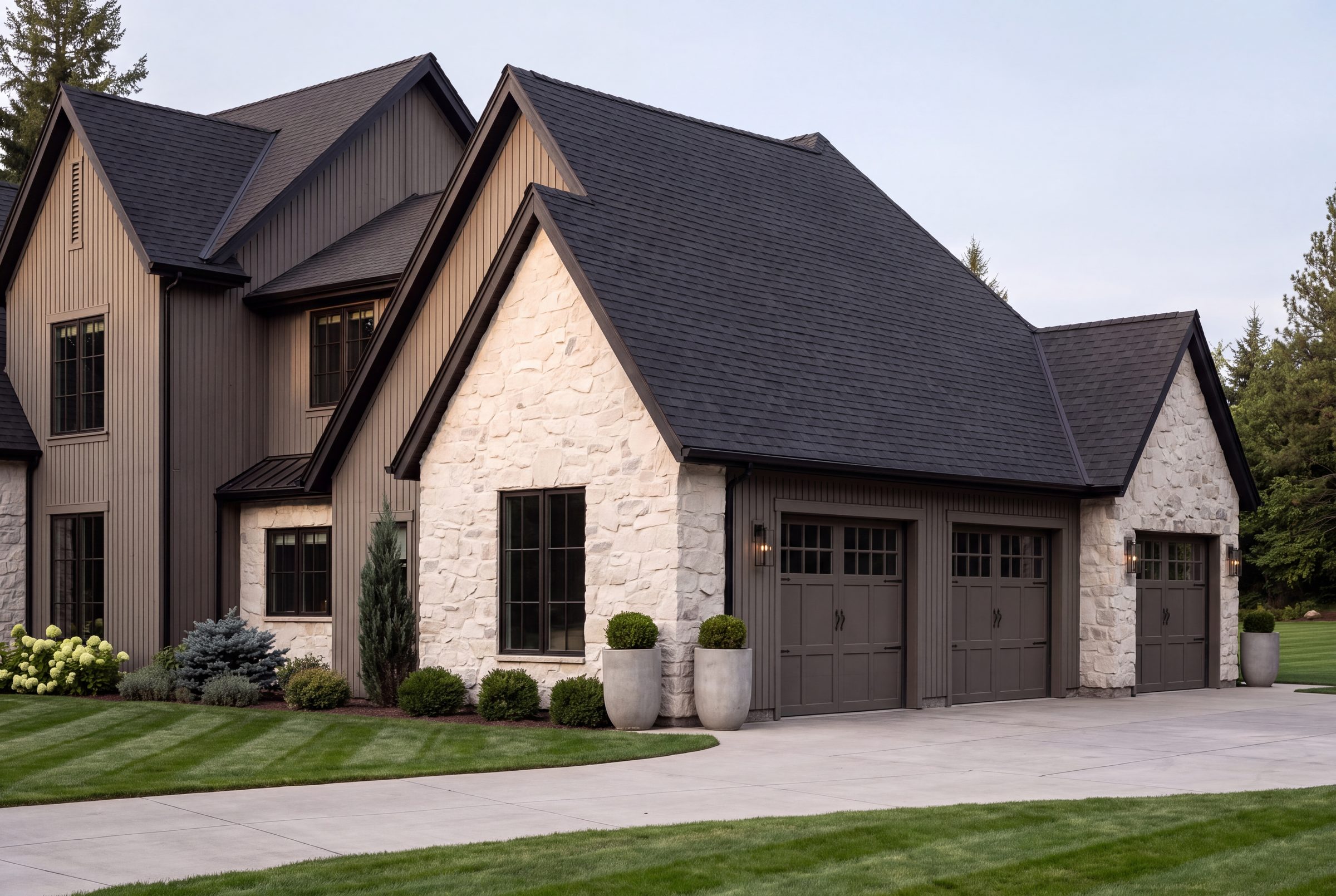 Stone gable and garage wing from the drive