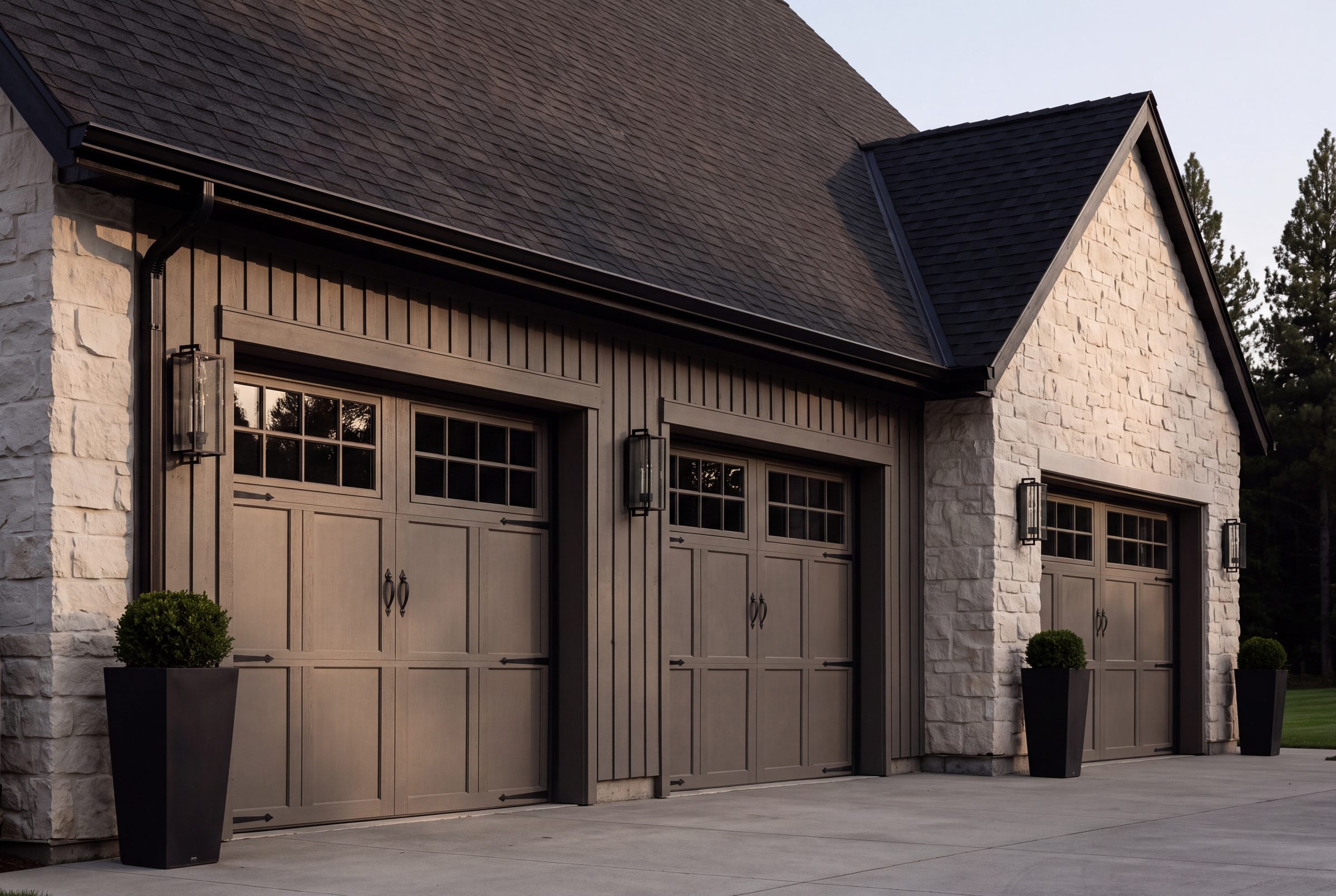 Carriage-style garage doors set in stone