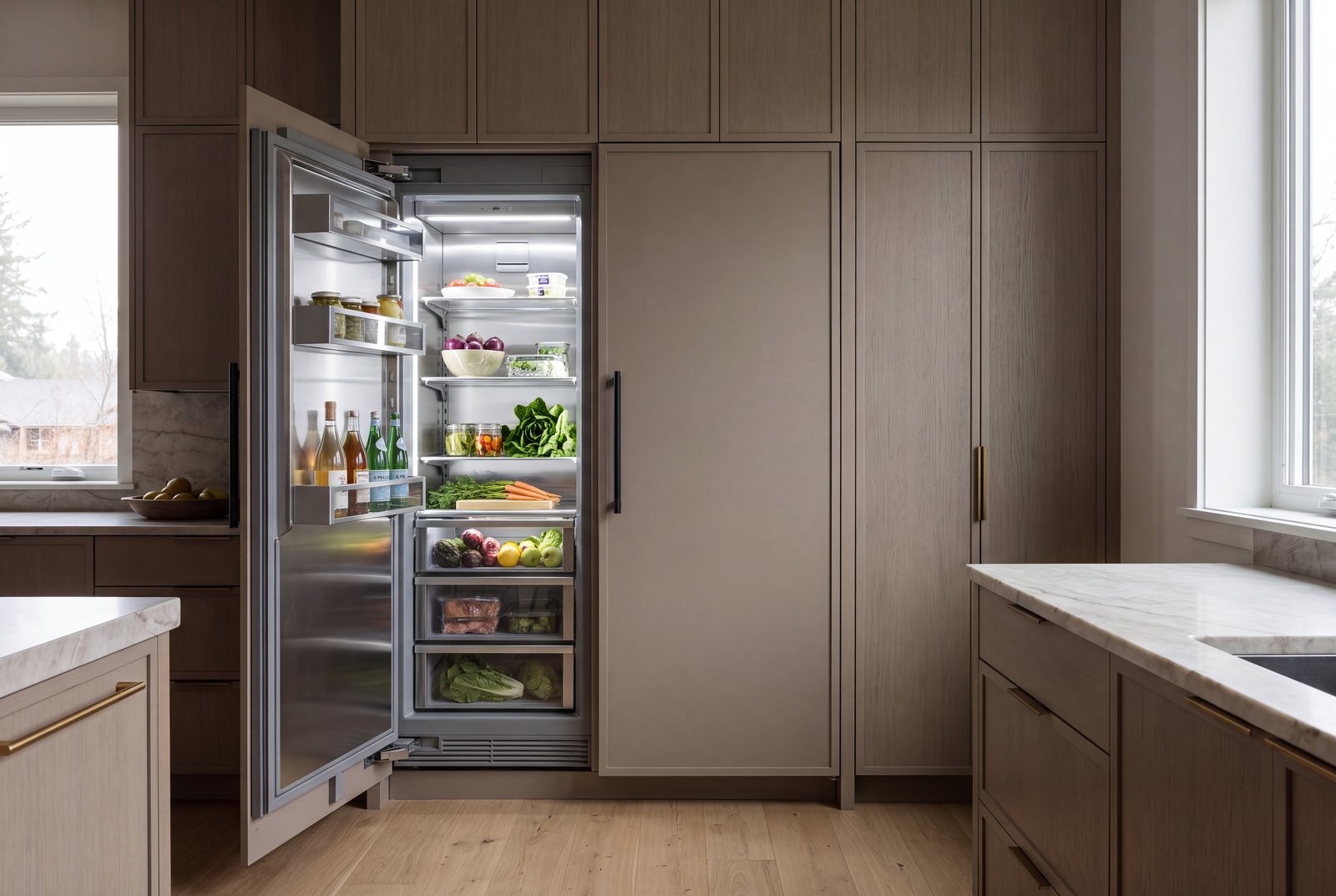Integrated Sub-Zero refrigeration in a warm white-oak kitchen