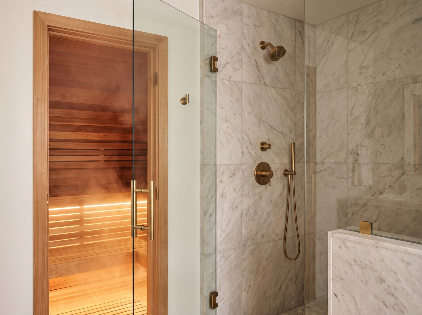 Custom cedar sauna behind glass beside the marble tile shower