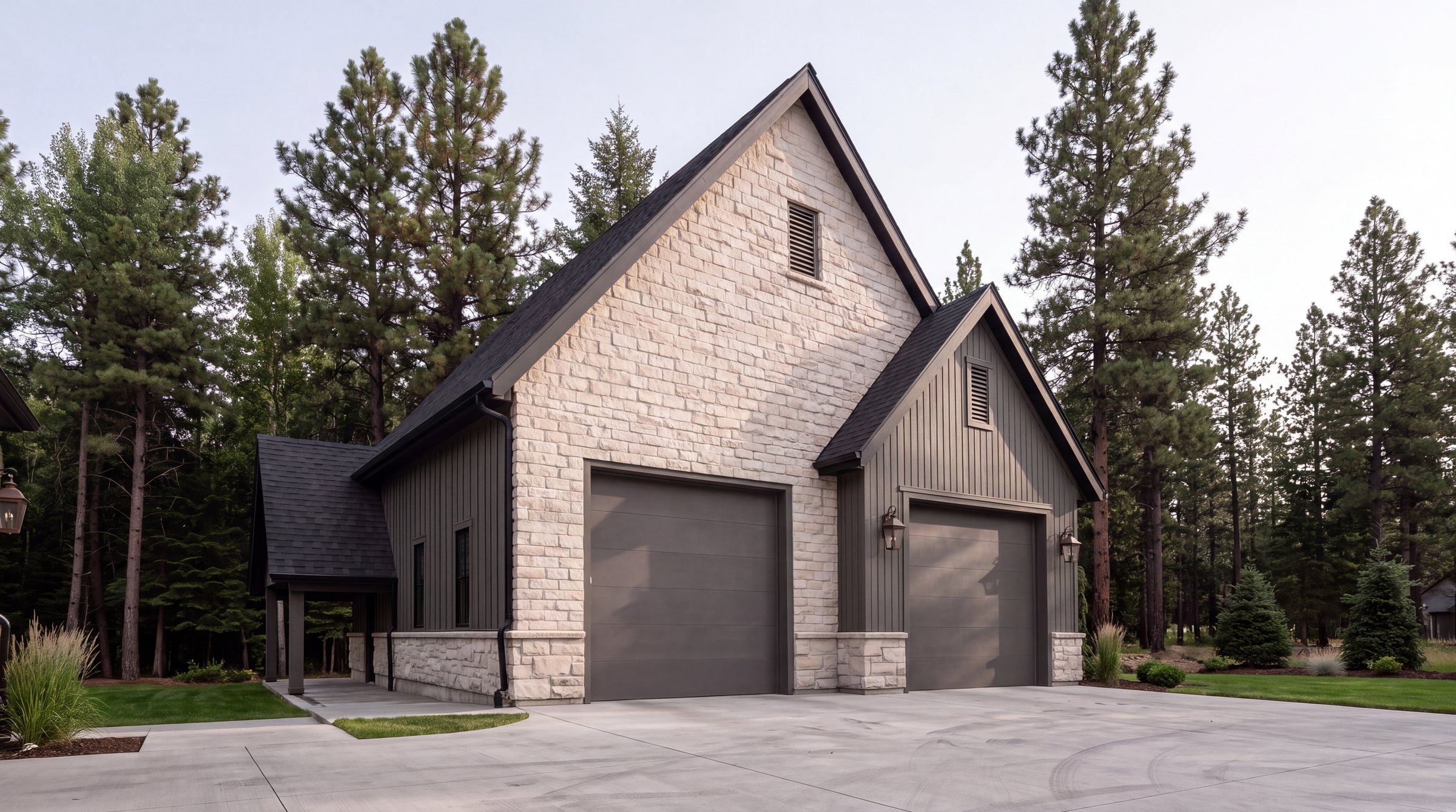 Detached shop with stone gable and carriage doors, matched to the home